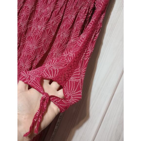 Roxy Dress Womens Small Red White Long Sleeve Boho Tunic Keyhole Viscose Print - Picture 3 of 8
